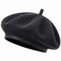 Béret taille unique en tissu noir et gris style classique avec bordure aspect cuir
