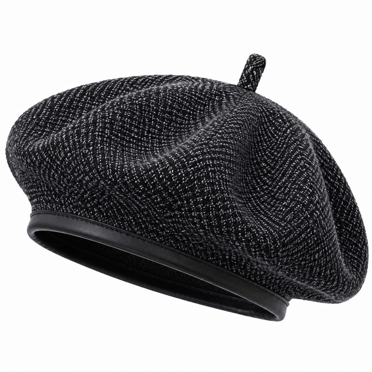 Béret taille unique en tissu noir et gris style classique avec bordure aspect cuir