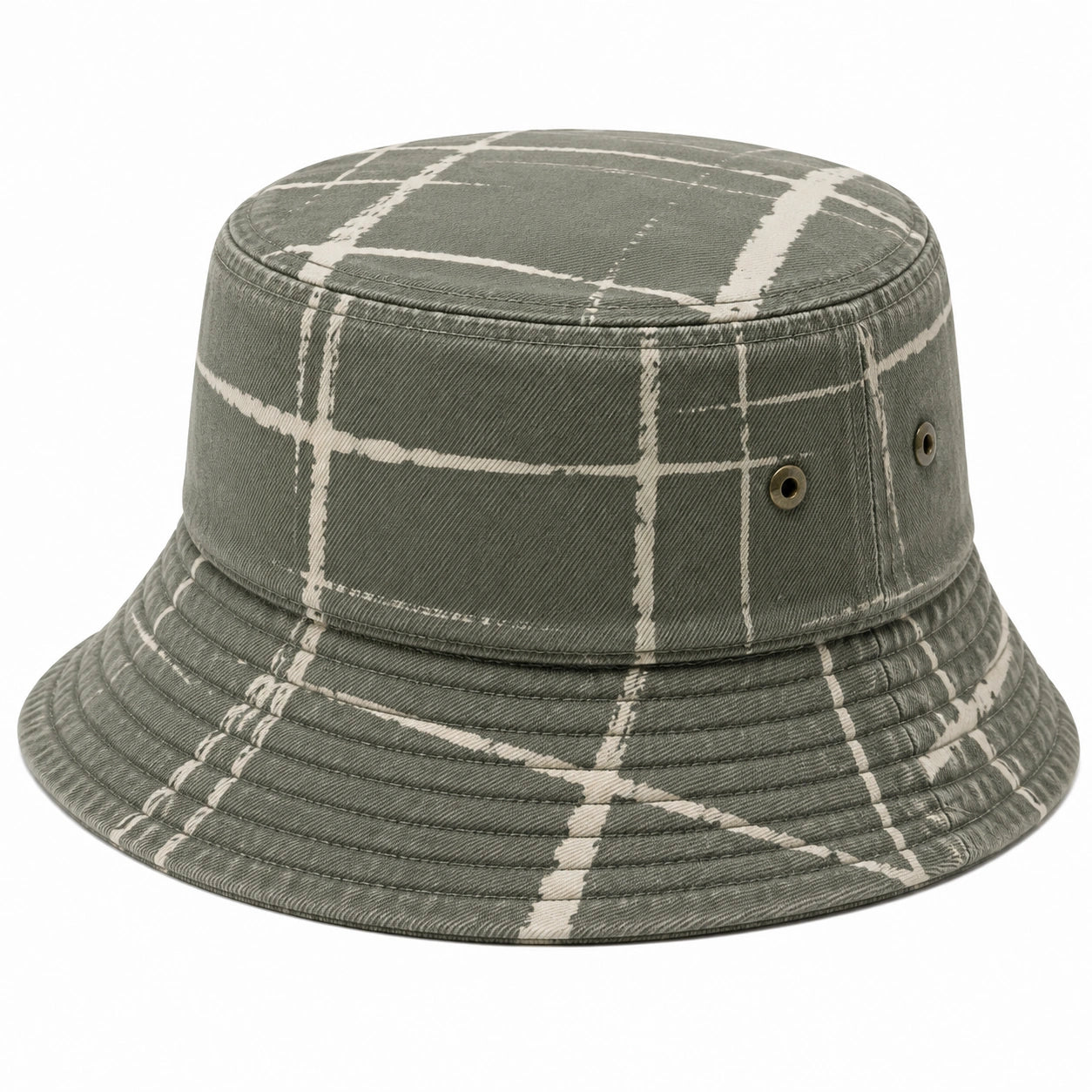 Chapeau bob taille unique en tissu vert kaki à carreaux avec œillets aérés
