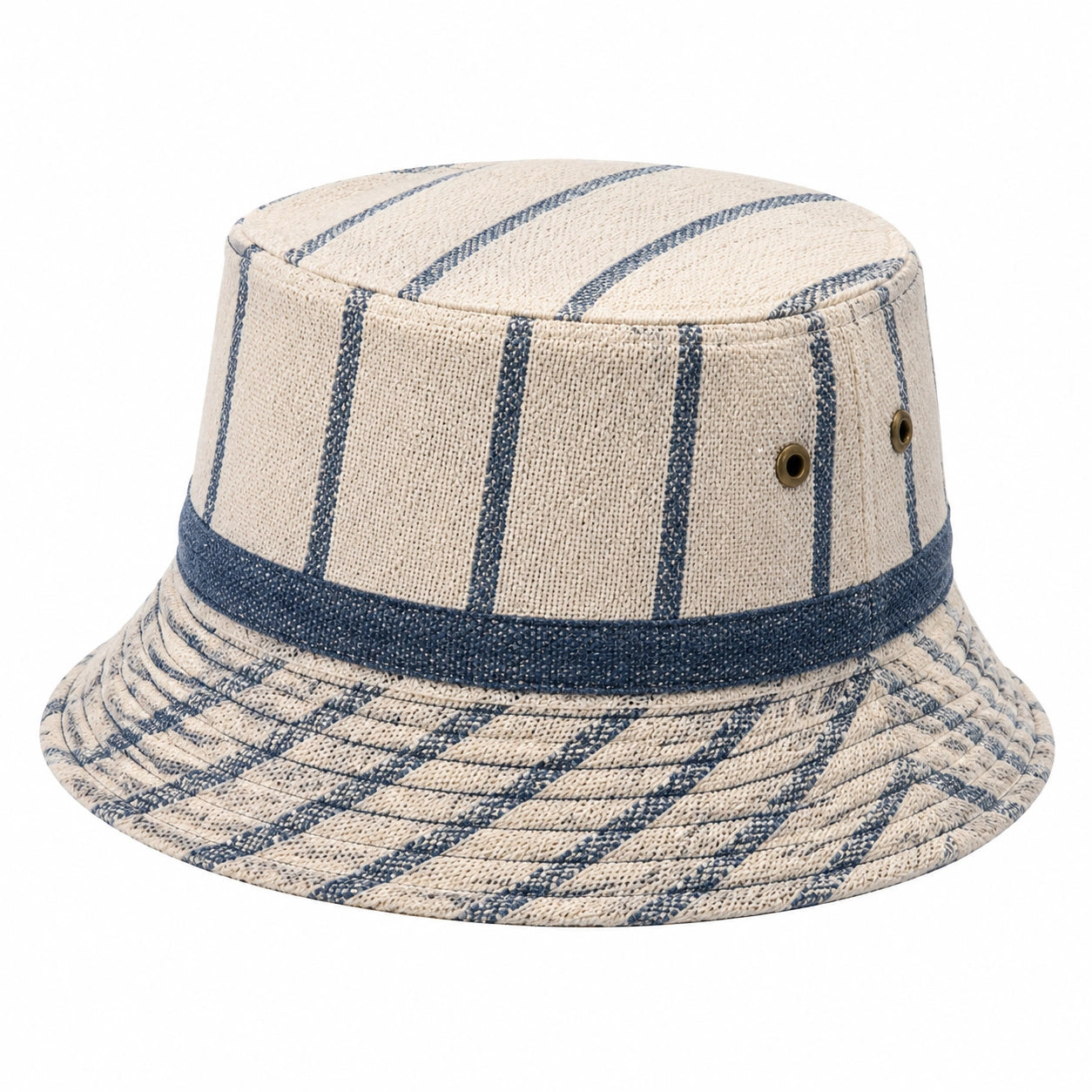 Chapeau bob taille unique en fibres tressées beige et bleu style rayé pour adulte