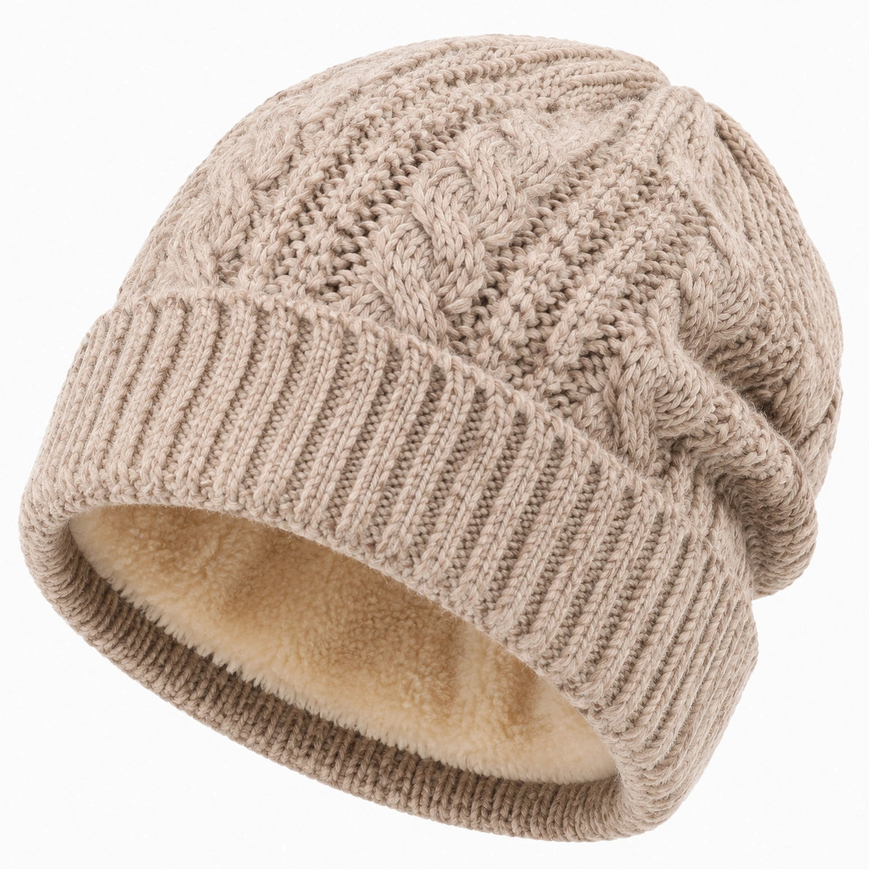 Bonnet unisexe taille unique en maille beige doublé polaire style torsadé