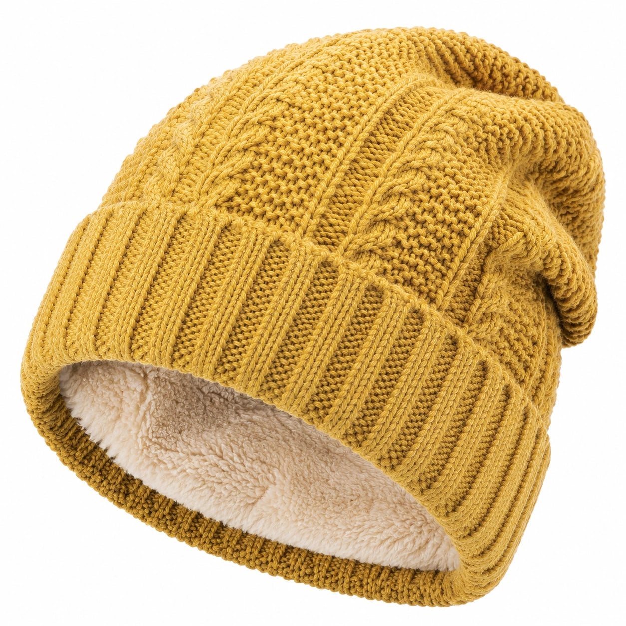 Bonnet en maille jaune moutarde taille unique doublé polaire style torsadé